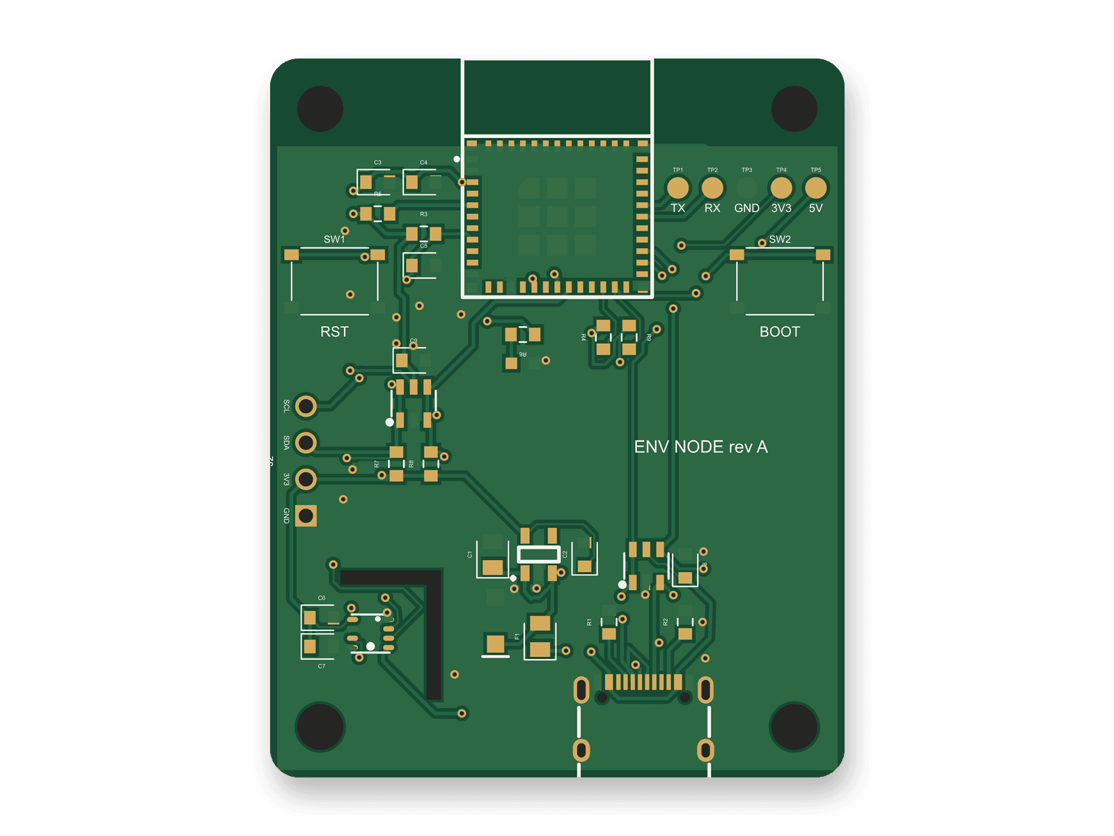 Routed PCB layout of the ESP32-C3 USB-C sensor node