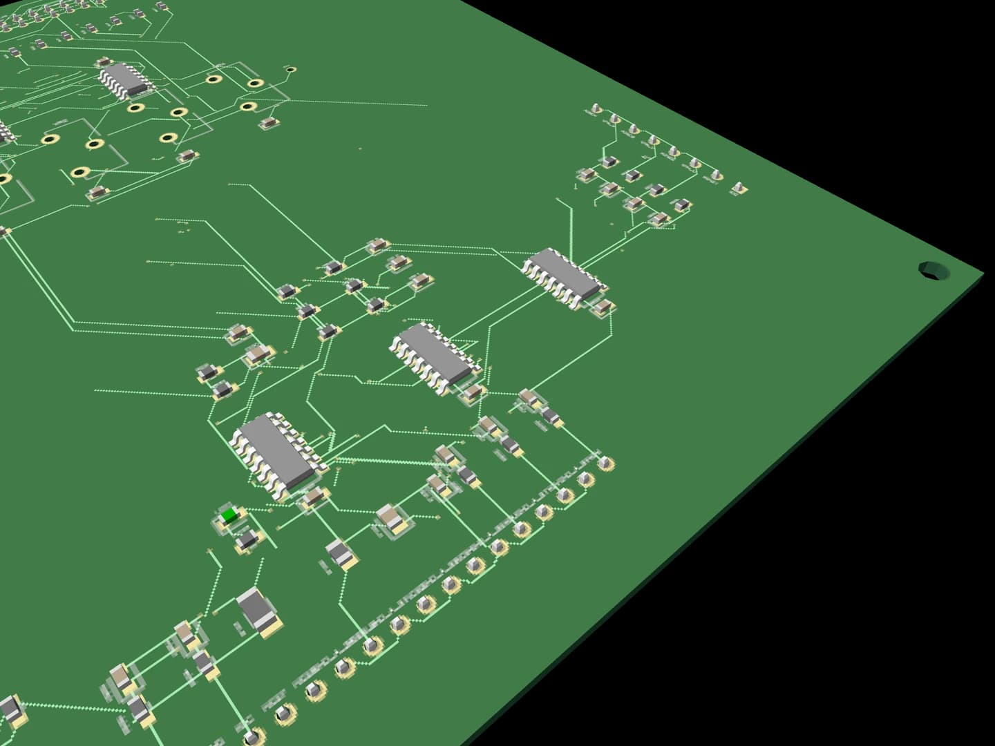 Close-up 3D render of a green board: two logic ICs, rows of surface-mount resistors and capacitors, and part of a 40-pin through-hole header